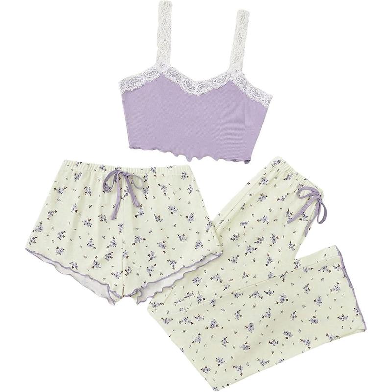 3 Piece Pajama Sets Floral Lace Cami Top and Shorts & Pants Pj Sets Loungewear