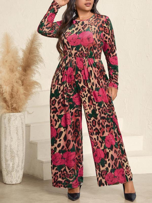 CURVZY Plus Size Floral & Leopard Print Pocket Wide Leg Jumpsuit, Elegant Long Sleeve Round Neck Velvet Jumpsuit for Fall & Winter, Women's Clothes for Daily Wear