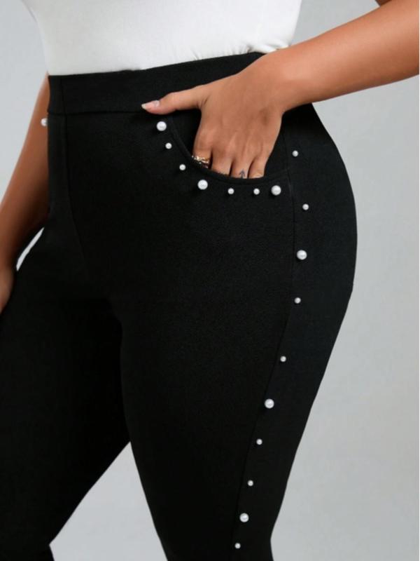  Faux Pearl Decor High Waist Leggings, Elegant Solid Color Skinny Pants for Women, Women's Bottoms for Fall & Winter