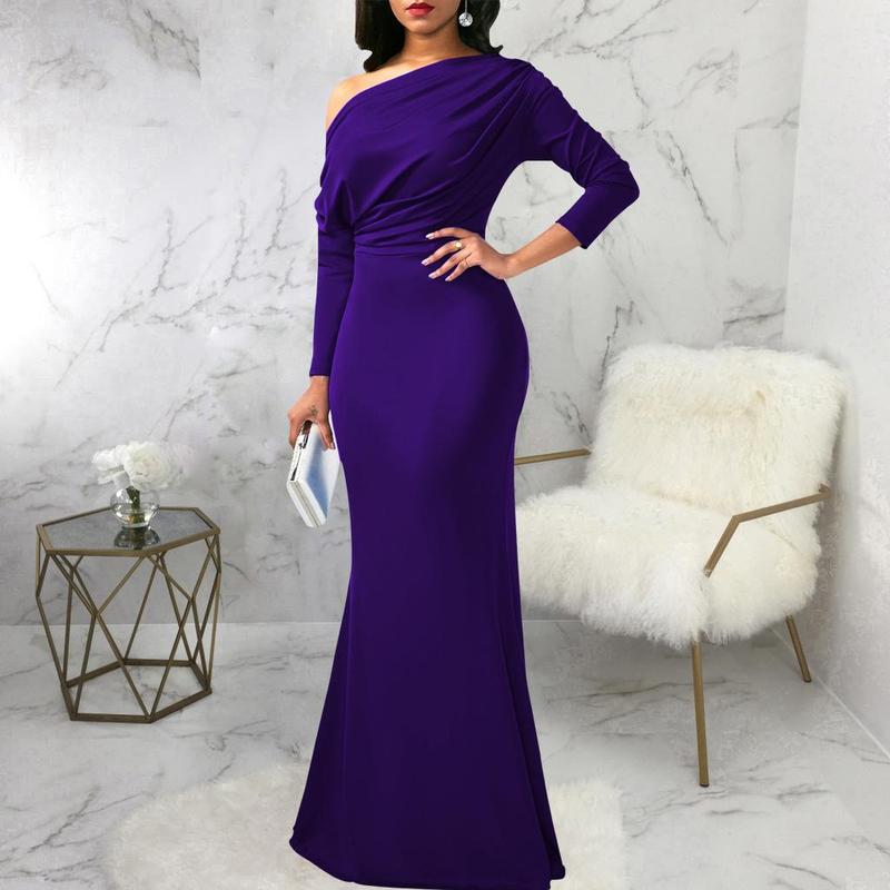 Elegant Off-Shoulder Evening Gown - Available in Black, White, Red, Blue, Wine Red, and Purple | Long Sleeve and Short Sleeve Options Comfort Formal