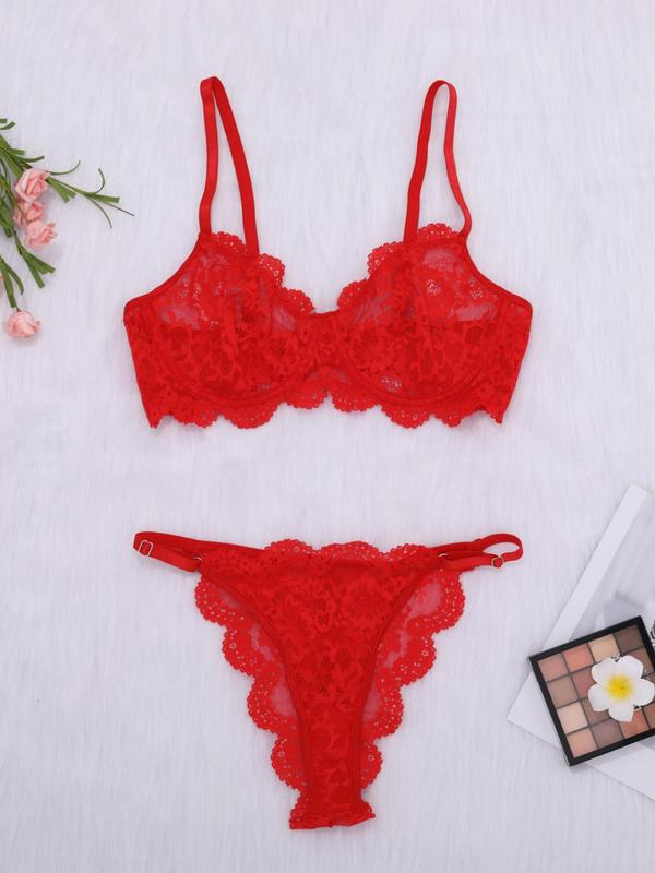 Women's Solid Sheer Lace Bra & Thong Sexy Lingerie Two-Piece Set, Sexy O-ring Detail Push Up Bra & Panty Set, Lingerie Set for Women