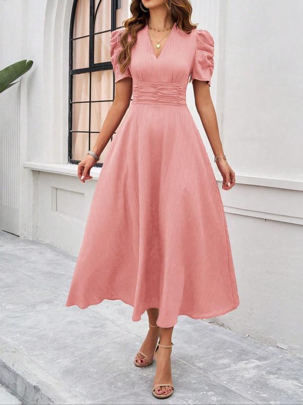 Women's Plain Ruched Puff Sleeve V Neck A Line Dress, Elegant Short Sleeve Zipper Back Long Dress for Party Holiday Wedding Guest, Ladies Clothes for Summer