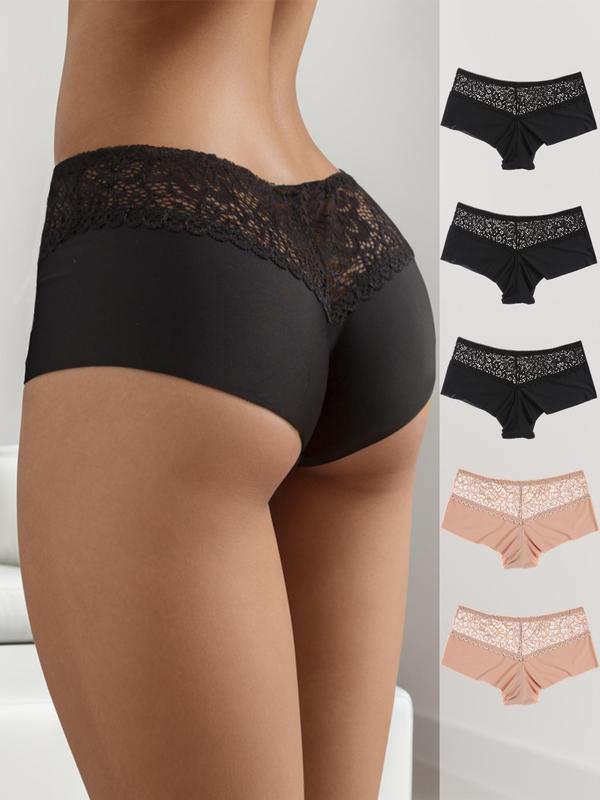 Women's 5pcs Solid Contrast Lace High Waist Seamless Knicker, Soft Comfy Breathable Panty for Daily Wear,  Underwear for Women, Underwear for All Seasons