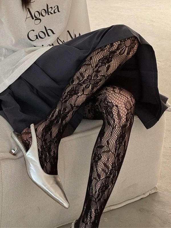 Women's Contrast Lace Sheer Tights, Elegant Comfy Breathable Hollow Out Pantyhose for Daily Wear, Ladies Tights for All Seasons