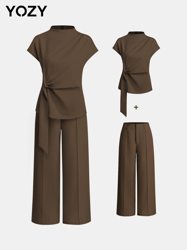 YOZY Christmas Deals, Plain Ruched Knot Front Top & Wide Leg Pants Set  Elegant Mock Neck Short Sleeve Top & Straight Leg Trousers, Women's Summer Outfits for Daily & Work Wear, Christmas 2024 Trend, Fall & Winter Outfits