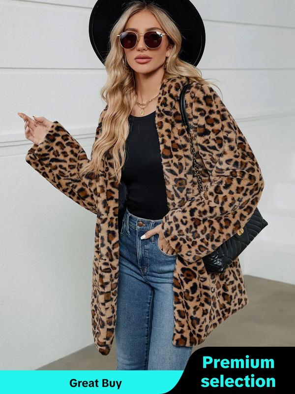 Women's Leopard Print Long Sleeve Hooded Fuzzy Plush Coat, Casual Open Front Longline Outerwear for Fall & Winter, Ladies Clothes for Daily Wear