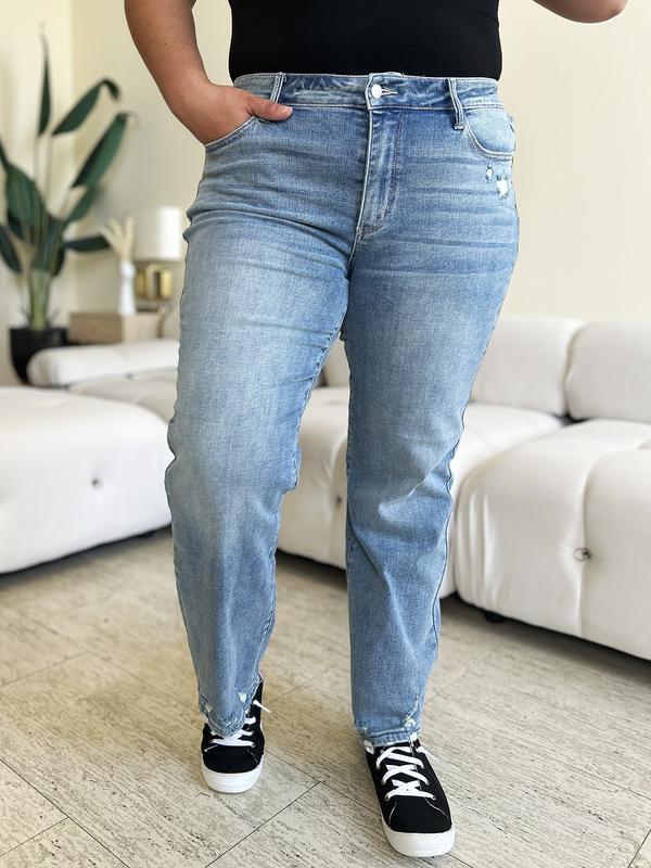 Judy Blue Full Size Mid Rise Distressed Straight Jeans Judy Blue Boyfriend Jeans