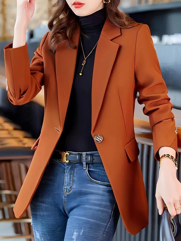 Women's Solid Button Front Lapel Neck Blazer, Elegant Long Sleeve Outerwear for Work Office Business, Ladies Spring & Fall Clothes