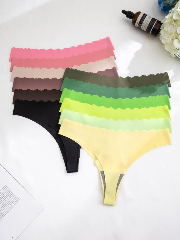 Women's Solid Color Scallop Trim Seamless Thong, Soft Comfy Breathable Drop Waist Panty for Daily Wear, Ladies Underwear for All Seasons