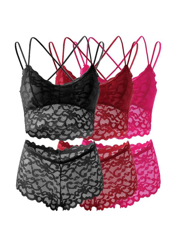 Two-Piece Set Women's Plain Sheer Lace Underwear Set, Elegant Criss Cross Double Strap Chest Padded Wireless Bra & Boyshorts Set, Comfy Breathable Lingerie Set for Women