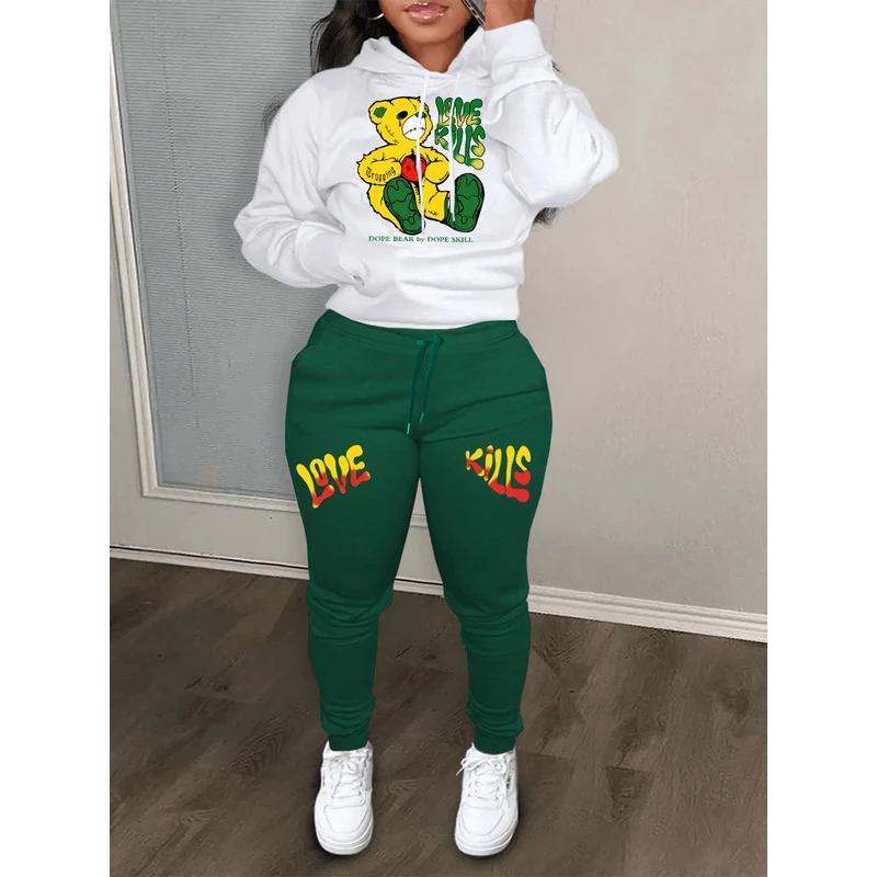 Plus Size Autumn & Winter Letter Print Color Block Hooded Sweatshirt Set Daily Casual Long Sleeve Female Tracksuit Set Womenswear Clothing