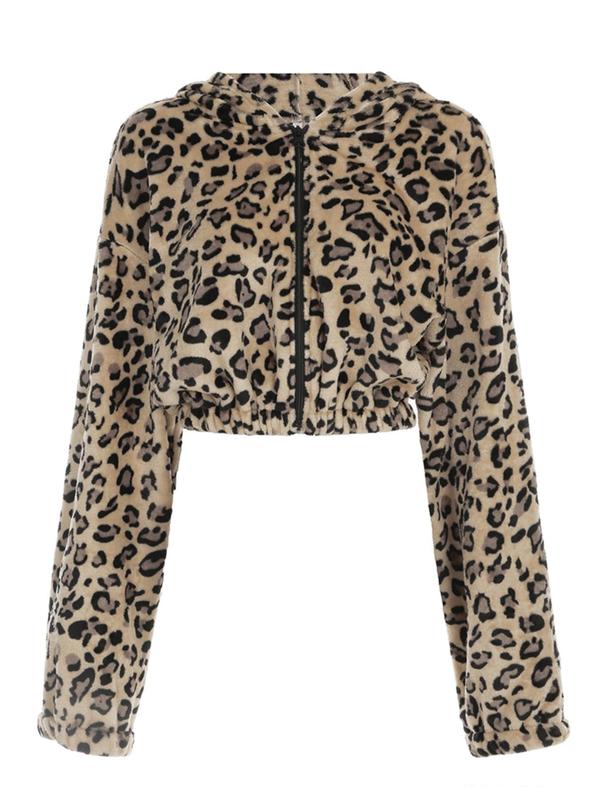 Women's All Over Leopard Print Zip Up Crop Fuzzy Jacket, Casual Long Sleeve Zip Front Outerwear for Fall & Winter,  Winter Clothes Women, Women's Clothes for Daily Wear