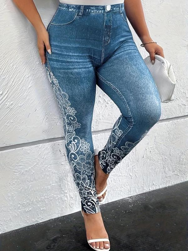  Denim-Effect Print High Waist Leggings, Casual Comfy Floral Print Leggings for Daily Wear, Women's Bottoms for Fall & Winter, Fall Outfits, Fallfreshness