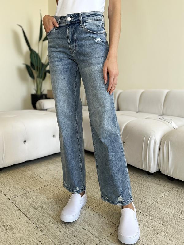 Judy Blue Full Size Mid Rise Distressed Straight Jeans Judy Blue Boyfriend Jeans