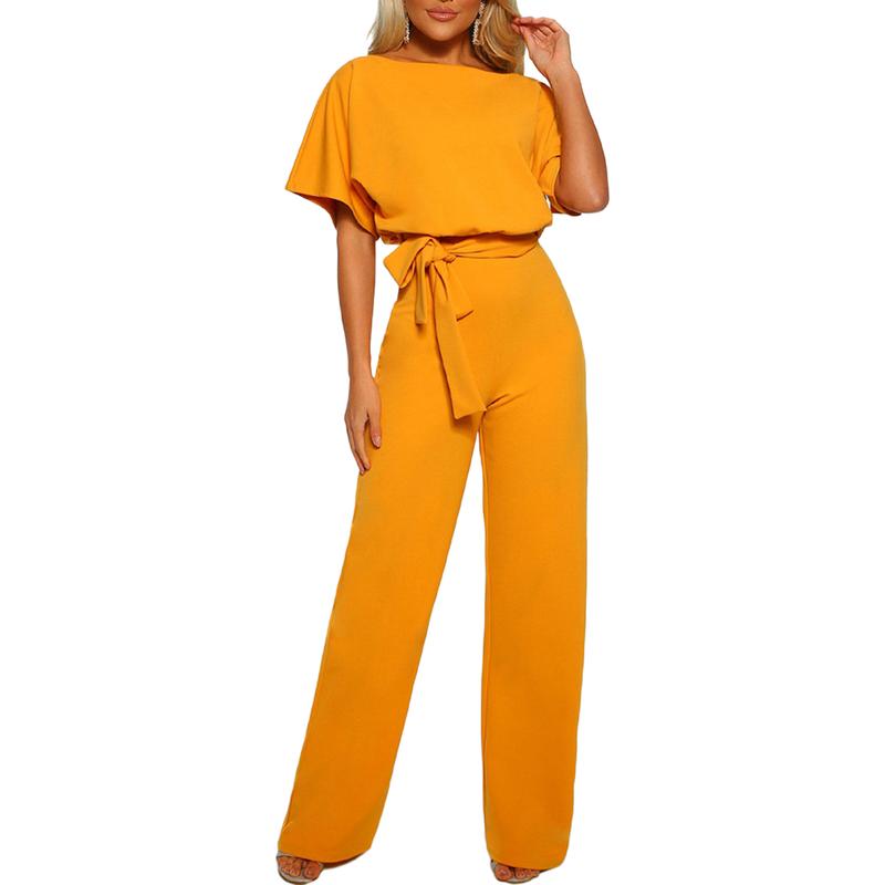 Women Jumpsuit, Elegant Short Sleeve Hollowed Waist Tie Solid Summer Wide Leg Pants Womenswear Belt Light Overalls