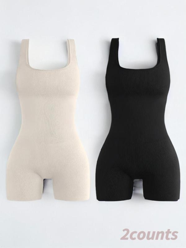 Women's Solid Backless Sports Tummy Control Bodysuit, Casual Comfy Breathable Scoop Neck Sleeveless Bodycon Bodysuit for Yoga Gym Workout, Ladies Sportswear for All Seasons