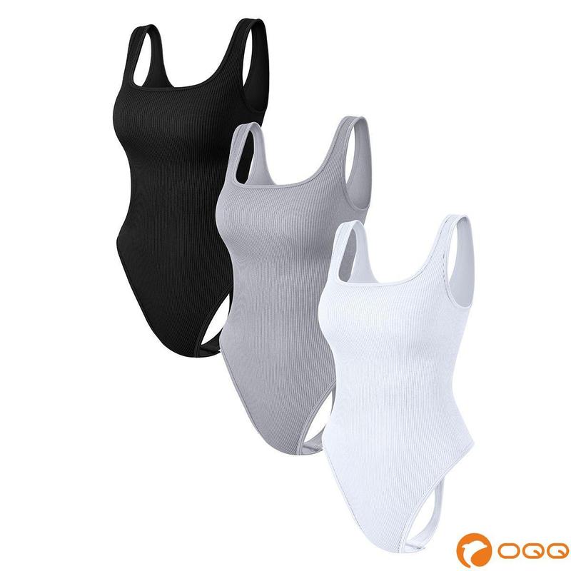 OQQ Women's Ribbed Sleeveless Shapewear Tank Top Thong Bodysuits - Fabric, Soft