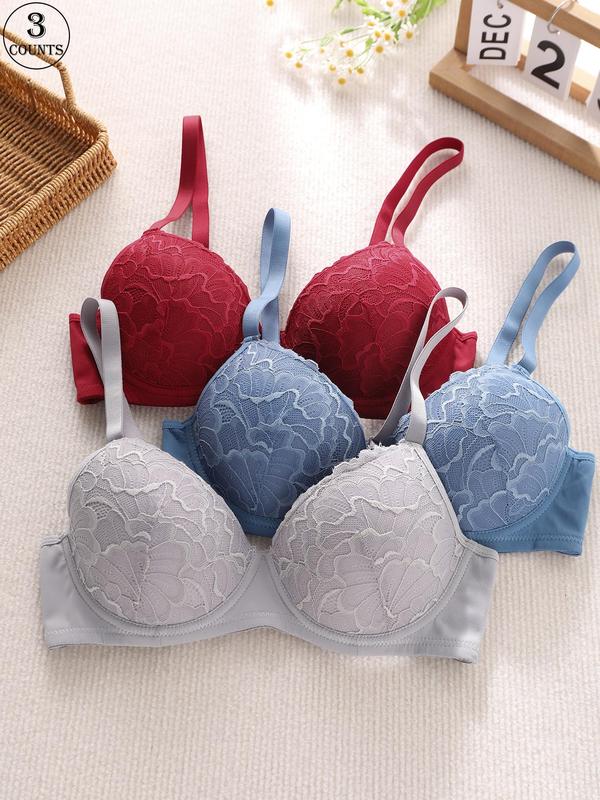 Women's Contrast Lace Adjustable Strap Push Up Bra, Soft Comfortable Breathable Underwire Bra, Lingerie for All Seasons