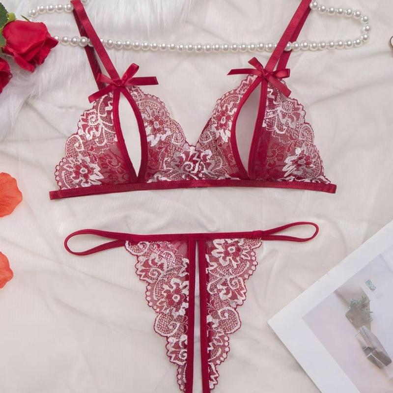 Women's 2pcs Bow Decor Sheer Floral Lace Lingerie Set, Elegant Adjustable Strap Bra & Crotchless Thong Underwear Set, Soft Comfy Sexy Lingerie  Comfortable Medium Original Warmer Spaghetti Strap Floral Lace Women's Silk romantic underwear floral lace