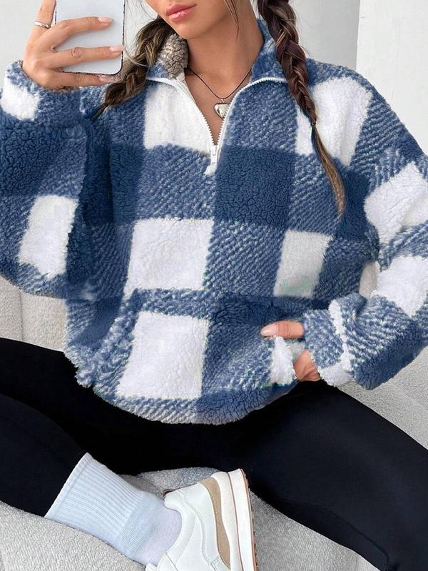 Women's Plaid Print Half Zip Drop Shoulder Fleece Sweatshirt, Casual Long Sleeve Stand Collar Pullover for Spring & Fall, Ladies Clothes for Daily Wear