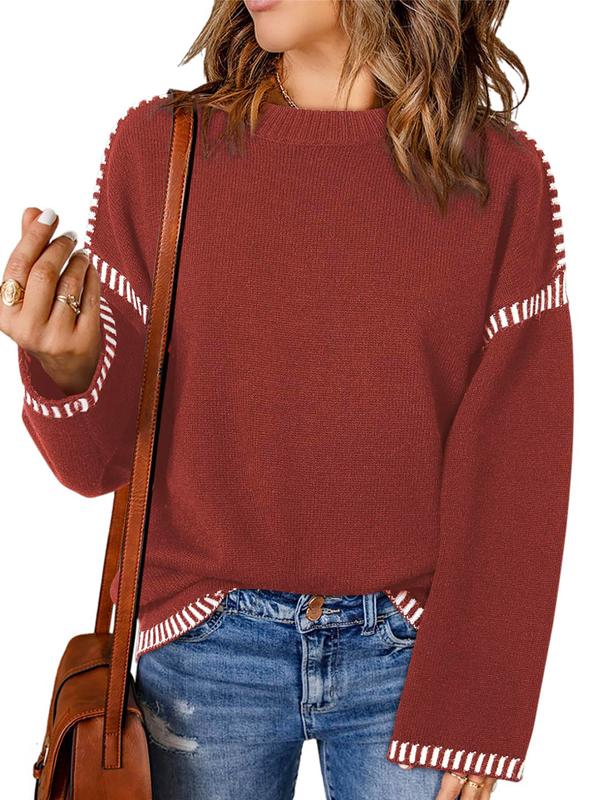 Women's Contrast Binding Drop Shoulder Sweater, Casual Long Sleeve Round Neck Jumper for Fall & Winter, Fashion Ladies' Knitwear for Daily Wear