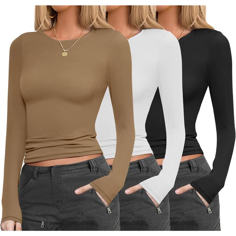 Womens 3 Pack Long Sleeve Shirts Fitted Tops Base Layering Tight Thermal Undershirts S-XXL