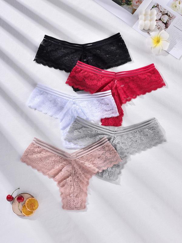 Women 5pcs Solid Sheer Contrast Lace Panty Set, Sexy Panties for Lady, Romantic Comfy Knickers for Daily Wear, Minimalist Basic Womenswear, Comfort Women Underwear for All Seasons