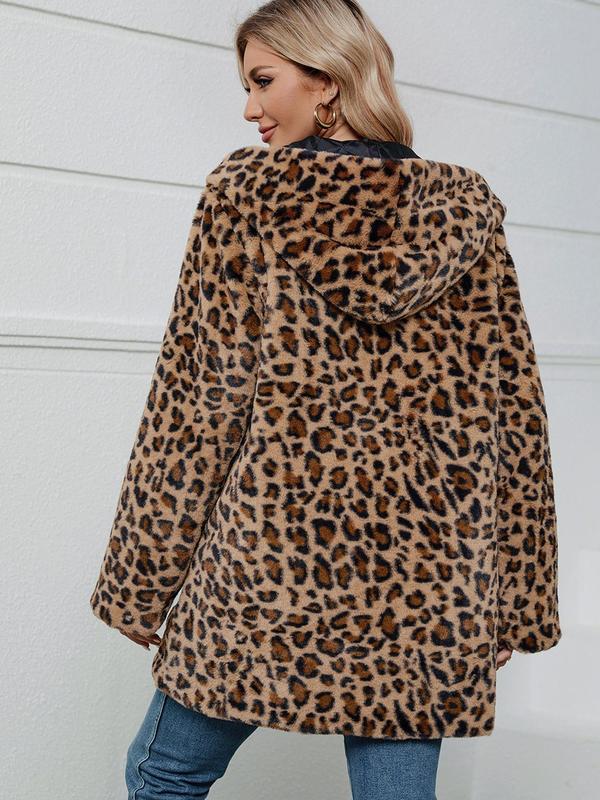 Women's Leopard Print Long Sleeve Hooded Fuzzy Plush Coat, Casual Open Front Longline Outerwear for Fall & Winter, Ladies Clothes for Daily Wear