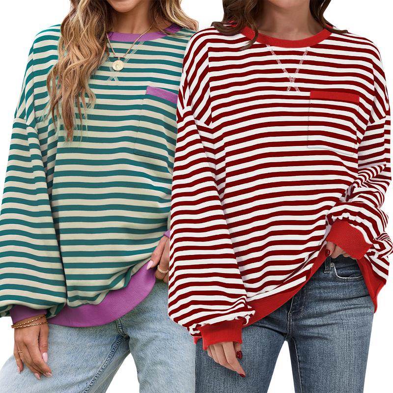 Christmas Womens Oversized Striped Sweatshirt Crewneck Loose Pullover Longsleeve Casual Tops Cute Womenswear Pocket Comfort Baggy Style