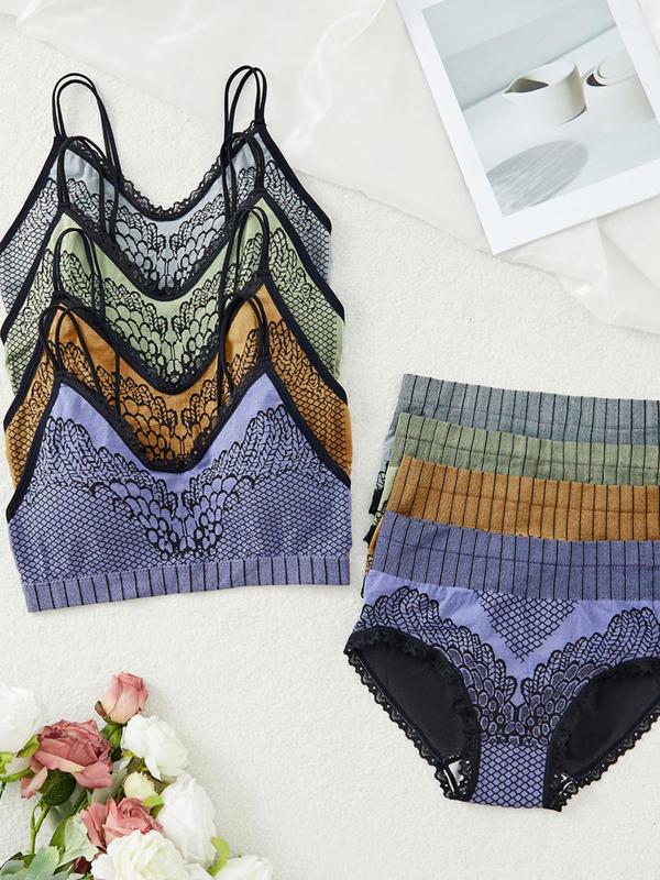 Women's Geometric Print Contrast Lace Wireless Bra & High Waist Panties Underwear Set, Casual Comfy Breathable Lingerie Set for Daily Wear, Underwear Set for Women