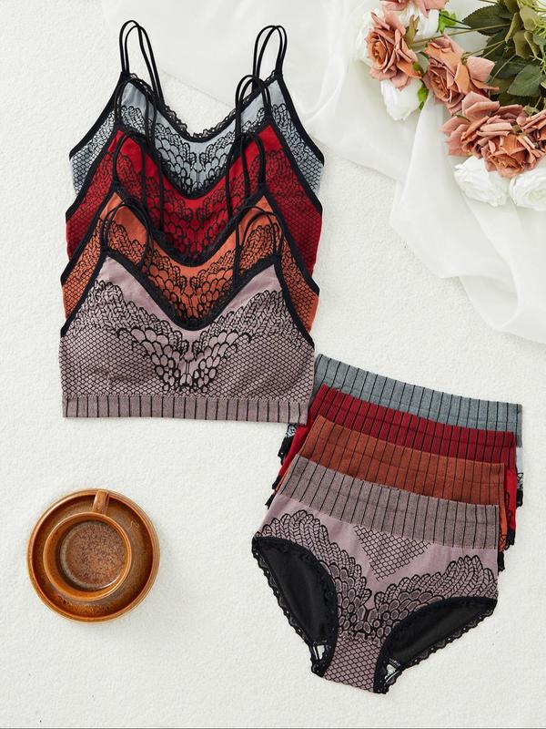 Women's Geometric Print Contrast Lace Wireless Bra & High Waist Panties Underwear Set, Casual Comfy Breathable Lingerie Set for Daily Wear, Underwear Set for Women