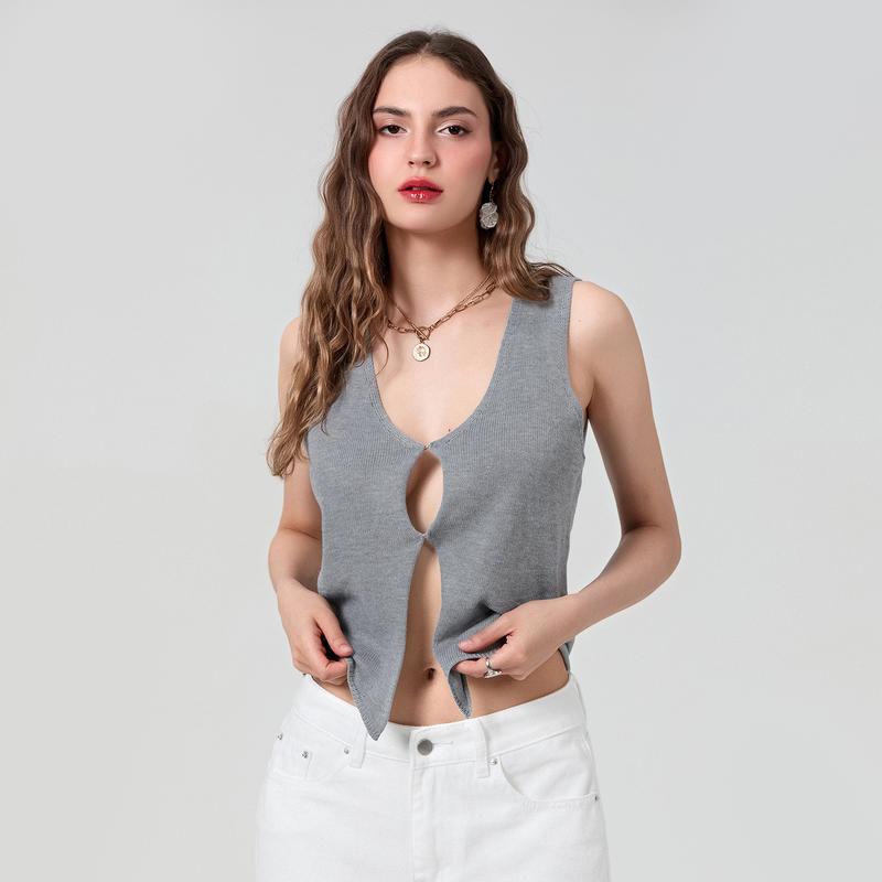 Women´s Vest Simple Solid Color Sleeveless V-Neck Knitted Design Streetwear Breathable Tops Fashion Womenswear Lady Comfort Check Light