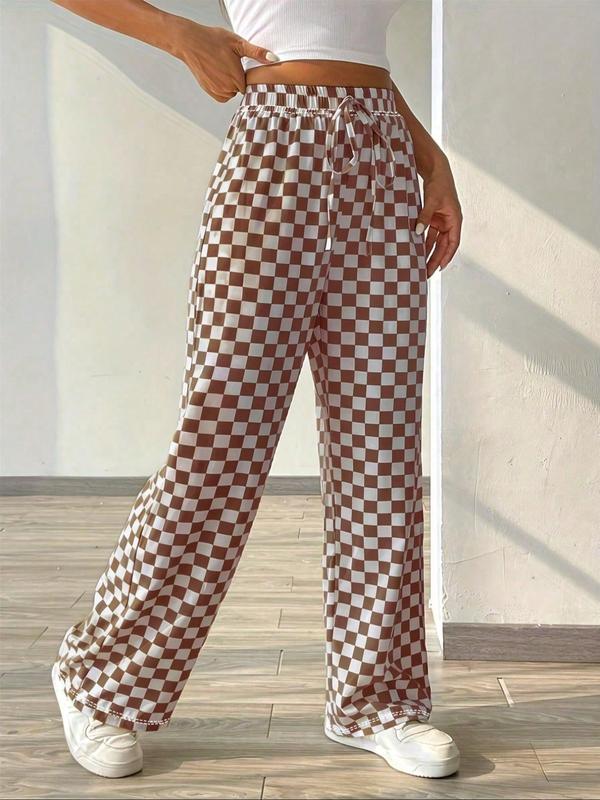 Women's Plaid Print Drawstring Waist Straight Leg Pants, Casual Pocket Trousers for Daily Wear, Ladies Bottoms for All Seasons