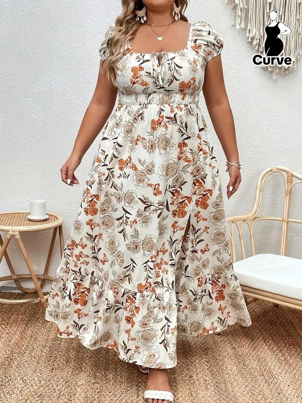  Floral Print Split Thigh Tie Front Vintage Dress, Boho Puff Sleeve Square Neck A Line Dress for Summer, Women's Clothes for Beach Holiday Vacation, Plus Size Fall Clothing