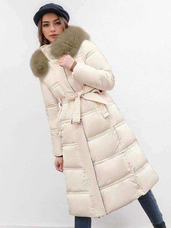 Women's Contrast Faux Fur Trim Belted Hooded Coat, Casual Jackets, Pocket Long Sleeve Button Front Outerwear for Fall & Winter, Winter Clothes Women, Ladies Clothes for Daily Wear