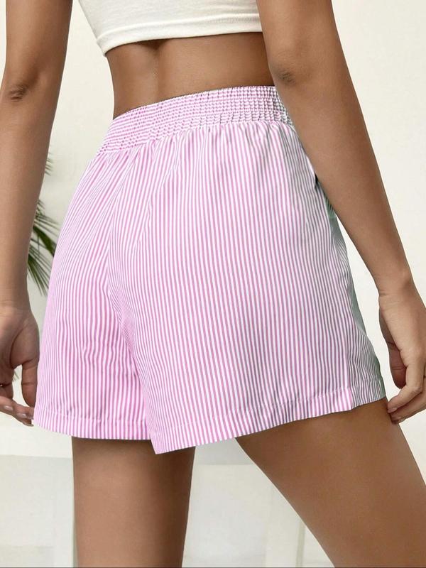 Women's Striped Print Elastic Waist Wide Leg Shorts, Casual High Waist Patched Shorts for Summer, Ladies Bottoms for Daily Wear