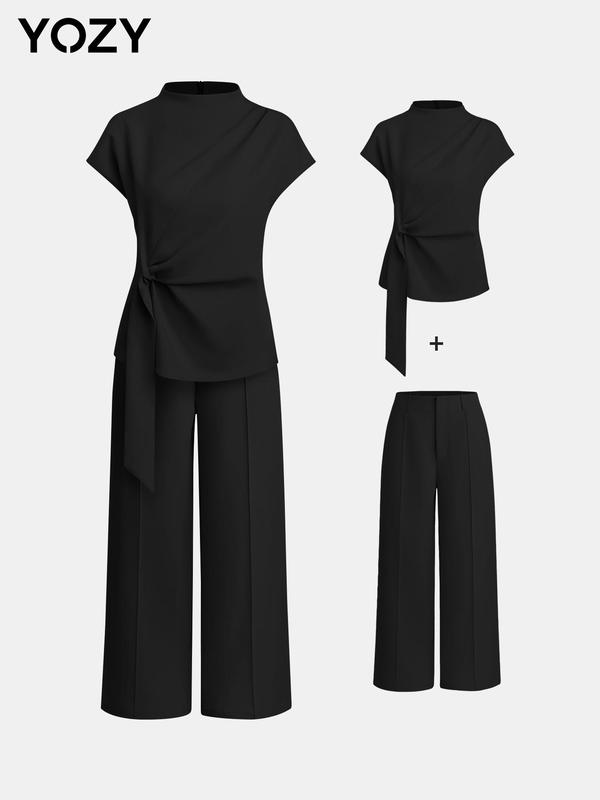 YOZY Christmas Deals, Plain Ruched Knot Front Top & Wide Leg Pants Set  Elegant Mock Neck Short Sleeve Top & Straight Leg Trousers, Women's Summer Outfits for Daily & Work Wear, Christmas 2024 Trend, Fall & Winter Outfits