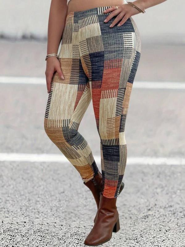 Plaid Print Elastic Waist Leggings, Casual Comfy High Waist Skinny Pants for Daily Wear, Women's Bottoms for Spring & Fall