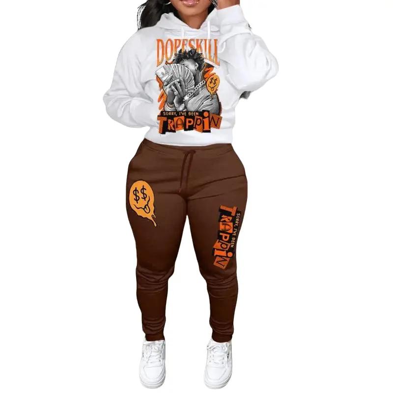 Plus Size Autumn & Winter Letter Print Color Block Hooded Sweatshirt Set Daily Casual Long Sleeve Female Tracksuit Set Womenswear Clothing