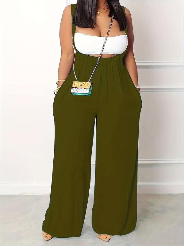 Women's Plain Pocket Drawstring Waist Wide Leg Suspender Pants, Casual Comfy High Waist Straight Leg Trousers for Fall, Baggys Pants, Pants for Women, Back To School Outfits, Fashion Women's Bottoms for Daily Wear