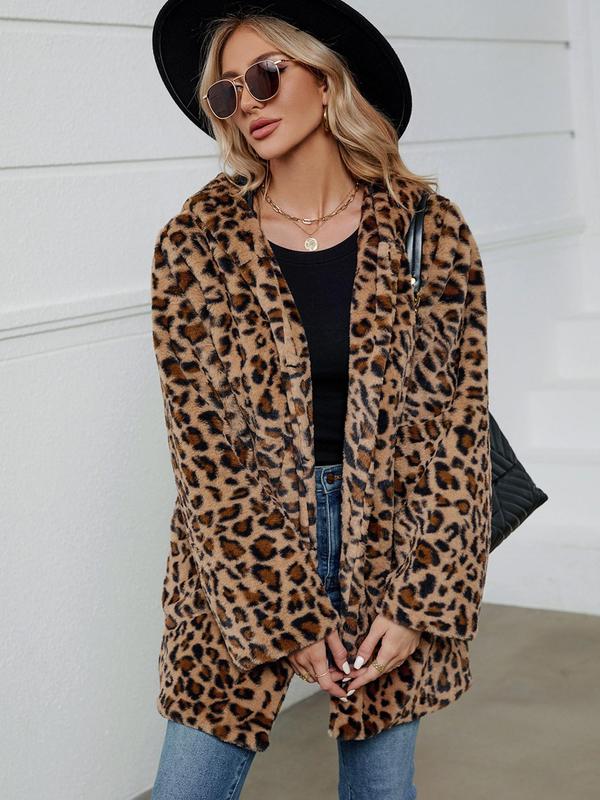 Women's Leopard Print Long Sleeve Hooded Fuzzy Plush Coat, Casual Open Front Longline Outerwear for Fall & Winter, Ladies Clothes for Daily Wear