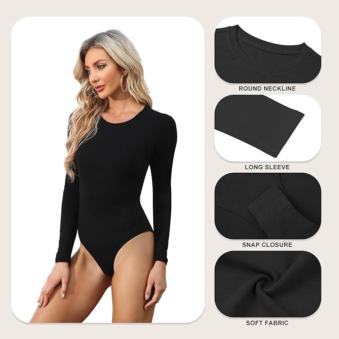 OLENNZ 4 Pack Long Sleeve Bodysuit for Women Round Neck Casual Basic Stretchy Body Suits Tops Breathable Comfort