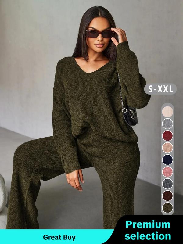 Women's Solid Drop Shoulder Sweater & Straight Leg Pants Two-piece Set, Casual Fashion Cozy Knitwear Set for Daily Outdoor Wear,  Pants Suit Sets for Women, Women Knitting Outfits for Fall & Winter