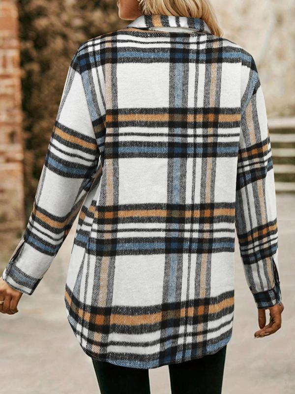 Women's Plaid Print Button Front Pocket Shirt Jacket, Casual Long Sleeve Collared Outerwear for Fall & Winter, Ladies Clothes for Daily Wear