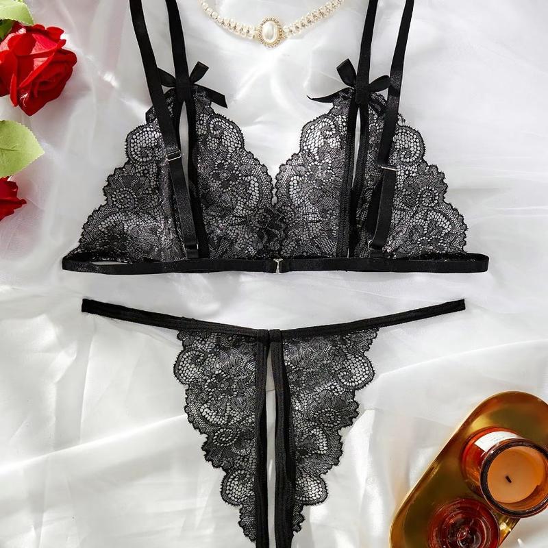 Women's 2pcs Bow Decor Sheer Floral Lace Lingerie Set, Elegant Adjustable Strap Bra & Crotchless Thong Underwear Set, Soft Comfy Sexy Lingerie  Comfortable Medium Original Warmer Spaghetti Strap Floral Lace Women's Silk romantic underwear floral lace