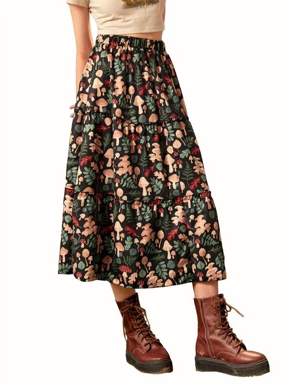 Women's Mushroom & Leaf Print Ruffle Hem A Line Skirt, Casual Elastic Waist Midi Skirt for Spring & Fall, Women's Bottoms for Daily Wear