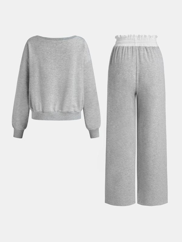 YOZY Women's Number Print Drop Shoulder Sweatshirt & Frill Trim Drawstring Waist Pants Two-piece Set, Casual Fashion Cozy Round Neck Long Sleeve Pullover & Pocket Trousers for Daily Wear, Ladies Two-piece Outfits for All Seasons