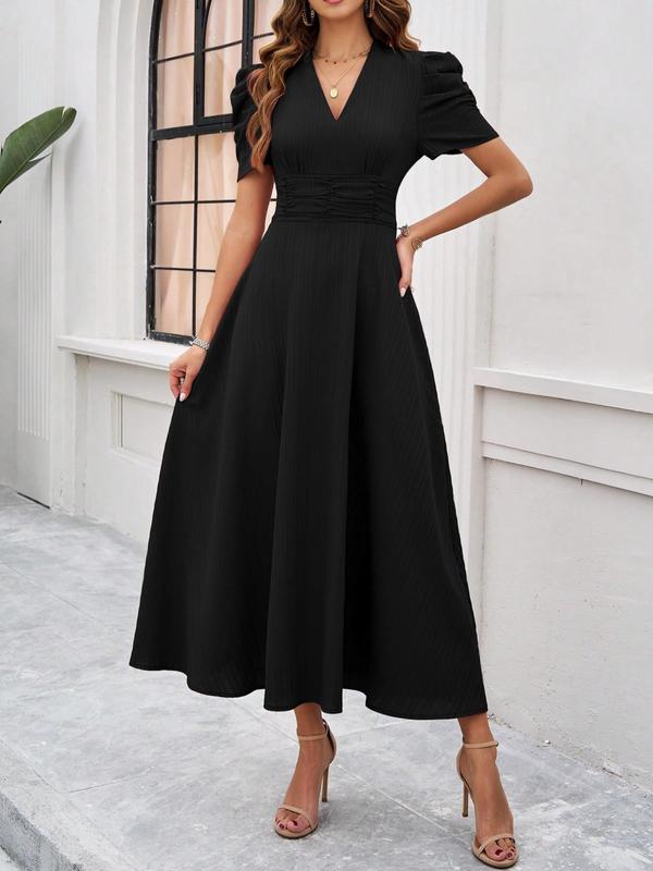 Women's Plain Ruched Puff Sleeve V Neck A Line Dress, Elegant Short Sleeve Zipper Back Long Dress for Party Holiday Wedding Guest, Ladies Clothes for Summer