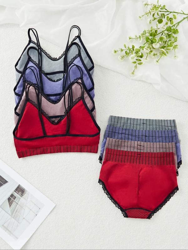 Women's Geometric Print Contrast Lace Wireless Bra & High Waist Panties Underwear Set, Casual Comfy Breathable Lingerie Set for Daily Wear, Underwear Set for Women