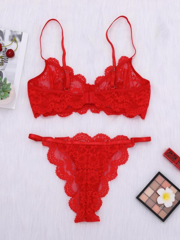 Women's Solid Sheer Lace Bra & Thong Sexy Lingerie Two-Piece Set, Sexy O-ring Detail Push Up Bra & Panty Set, Lingerie Set for Women